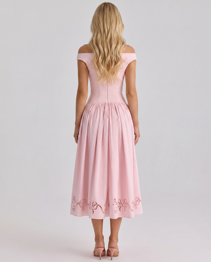 Alba | Boat Neck Eyelet Drop Waist Midi Dress
