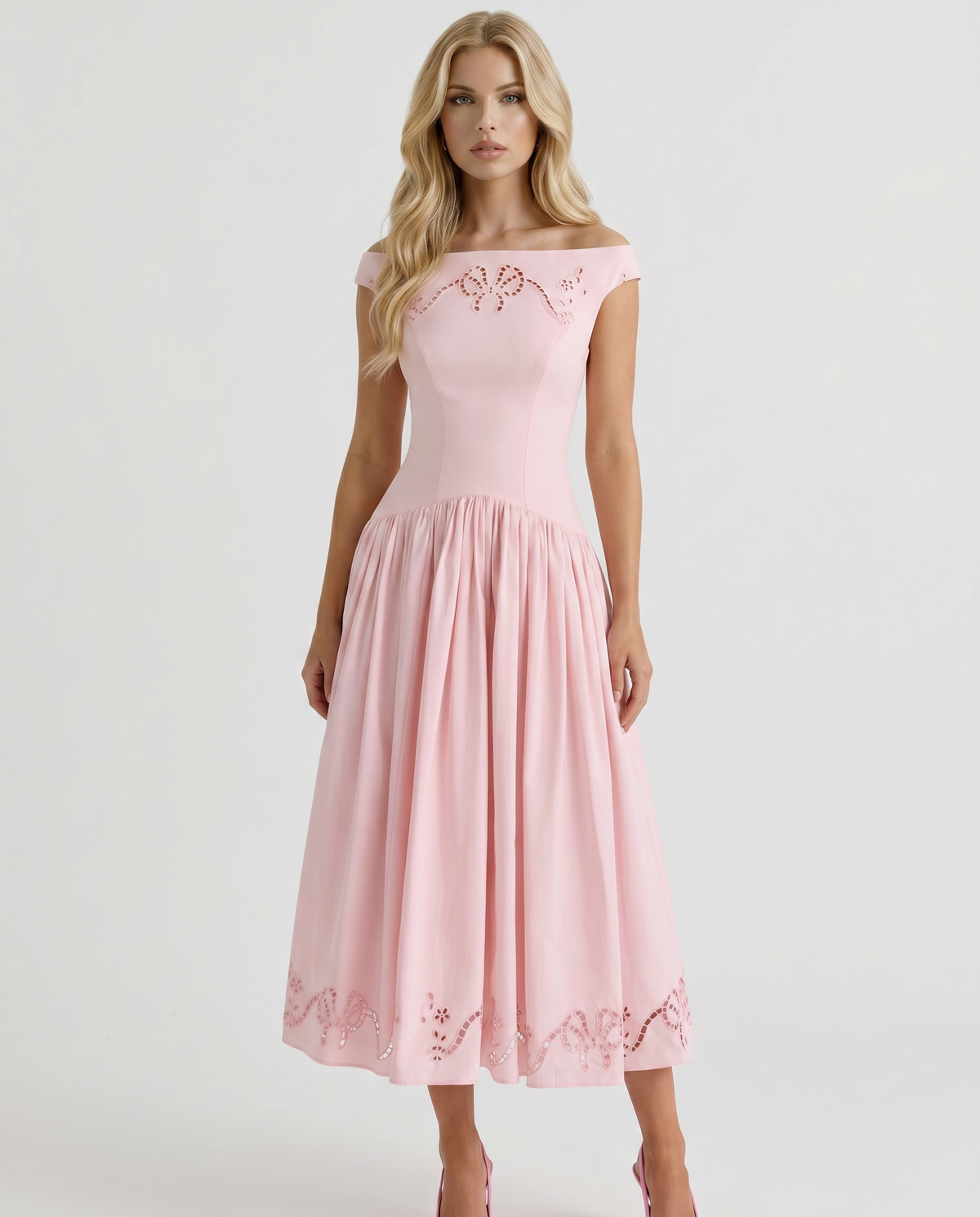 Alba | Boat Neck Eyelet Drop Waist Midi Dress