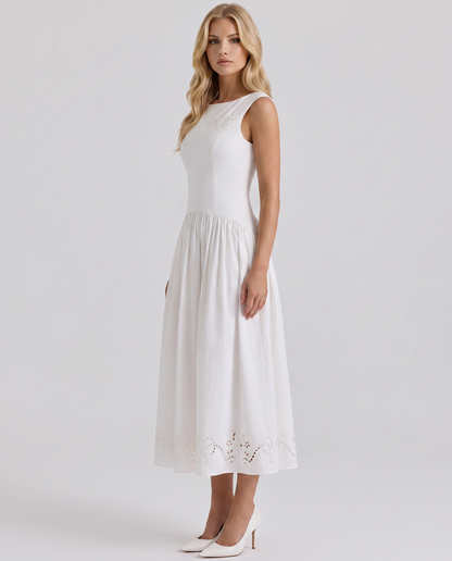Alba | Boat Neck Eyelet Drop Waist Midi Dress