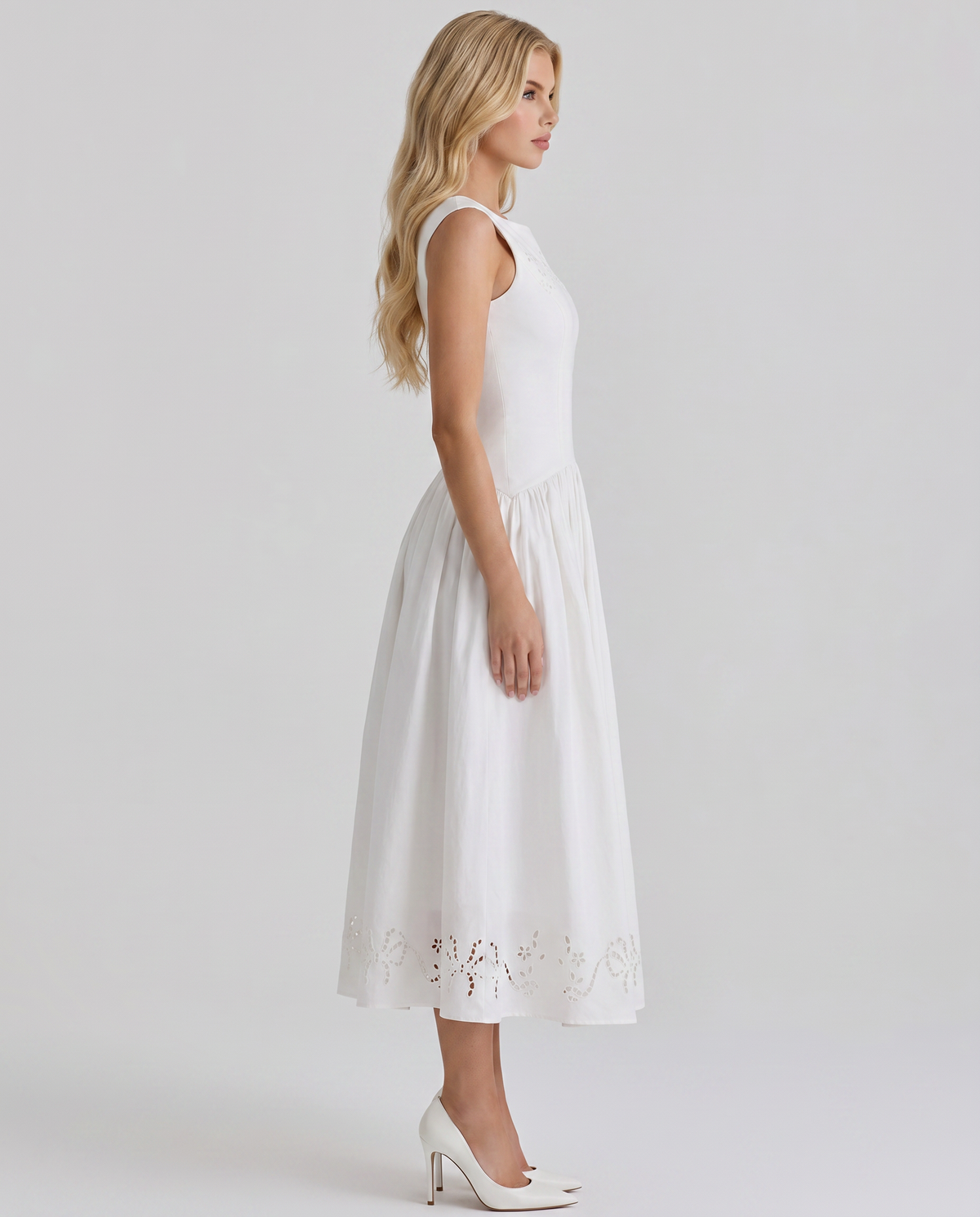 Alba | Boat Neck Eyelet Drop Waist Midi Dress
