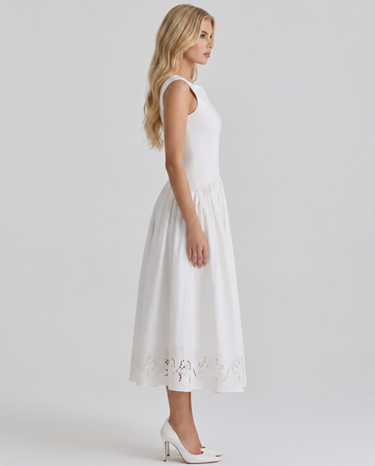 Alba | Boat Neck Eyelet Drop Waist Midi Dress