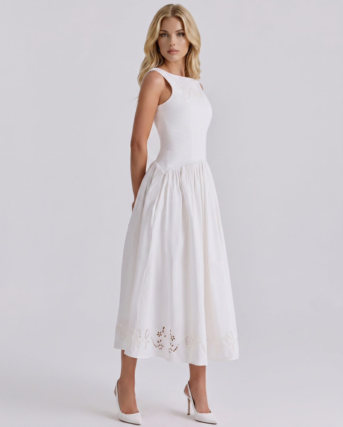 Alba | Boat Neck Eyelet Drop Waist Midi Dress