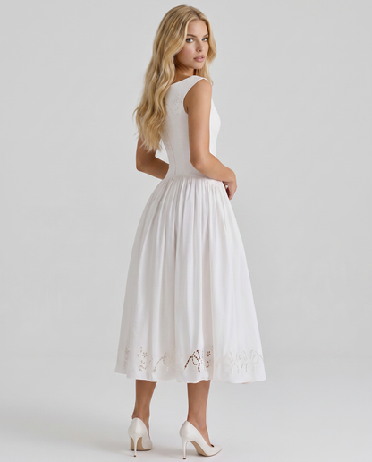 Alba | Boat Neck Eyelet Drop Waist Midi Dress
