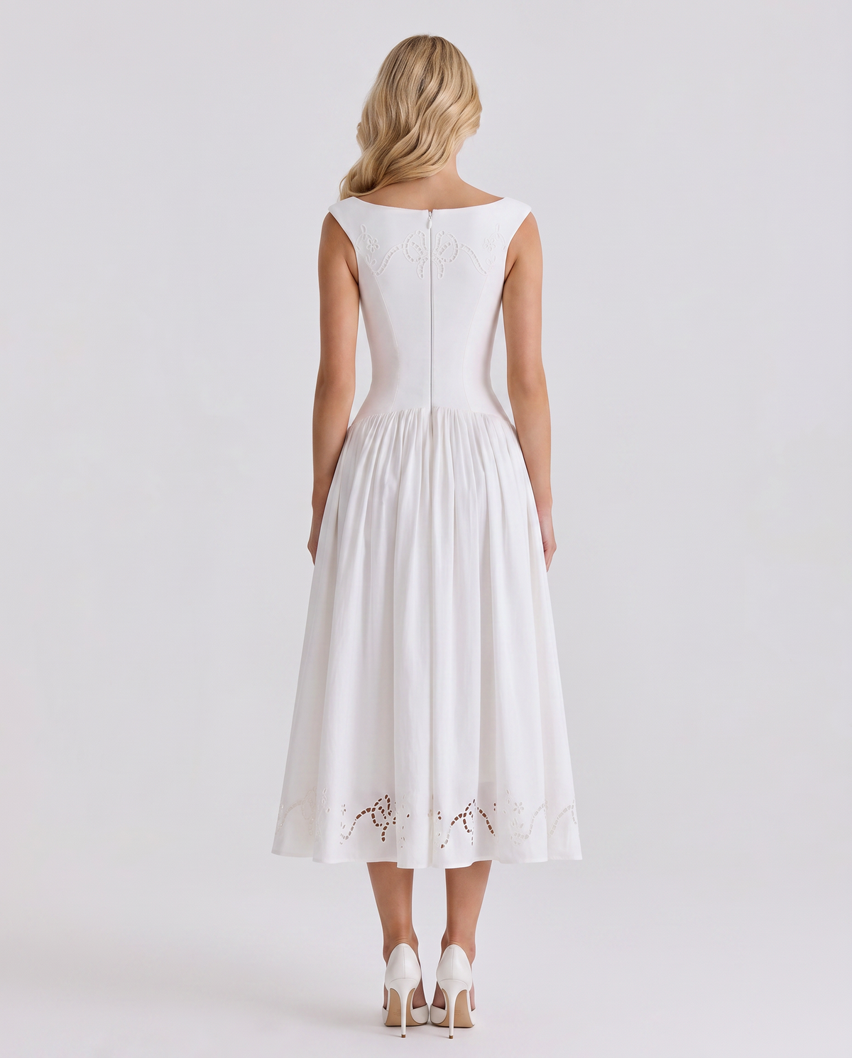 Alba | Boat Neck Eyelet Drop Waist Midi Dress