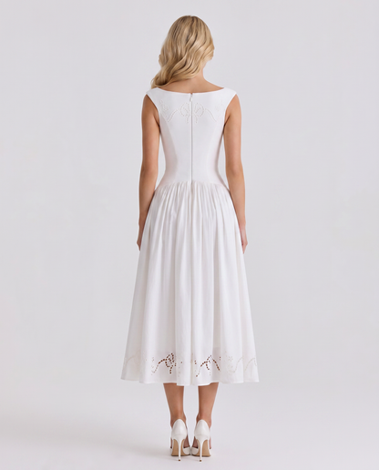 Alba | Boat Neck Eyelet Drop Waist Midi Dress