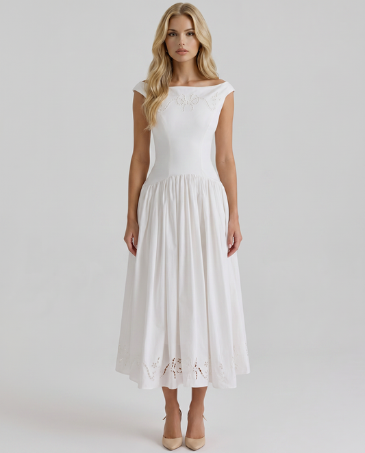 Alba | Boat Neck Eyelet Drop Waist Midi Dress