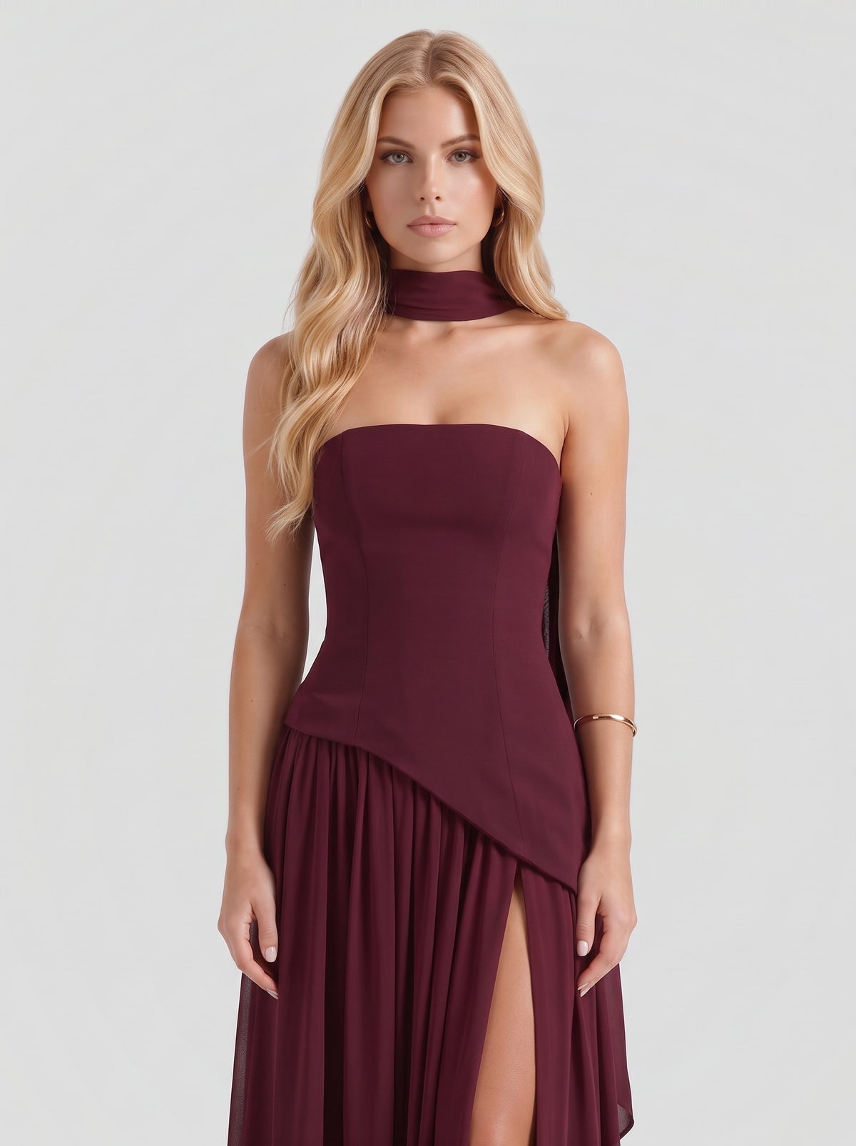 Xenia | Strapless Asymmetric Slit Maxi Dress