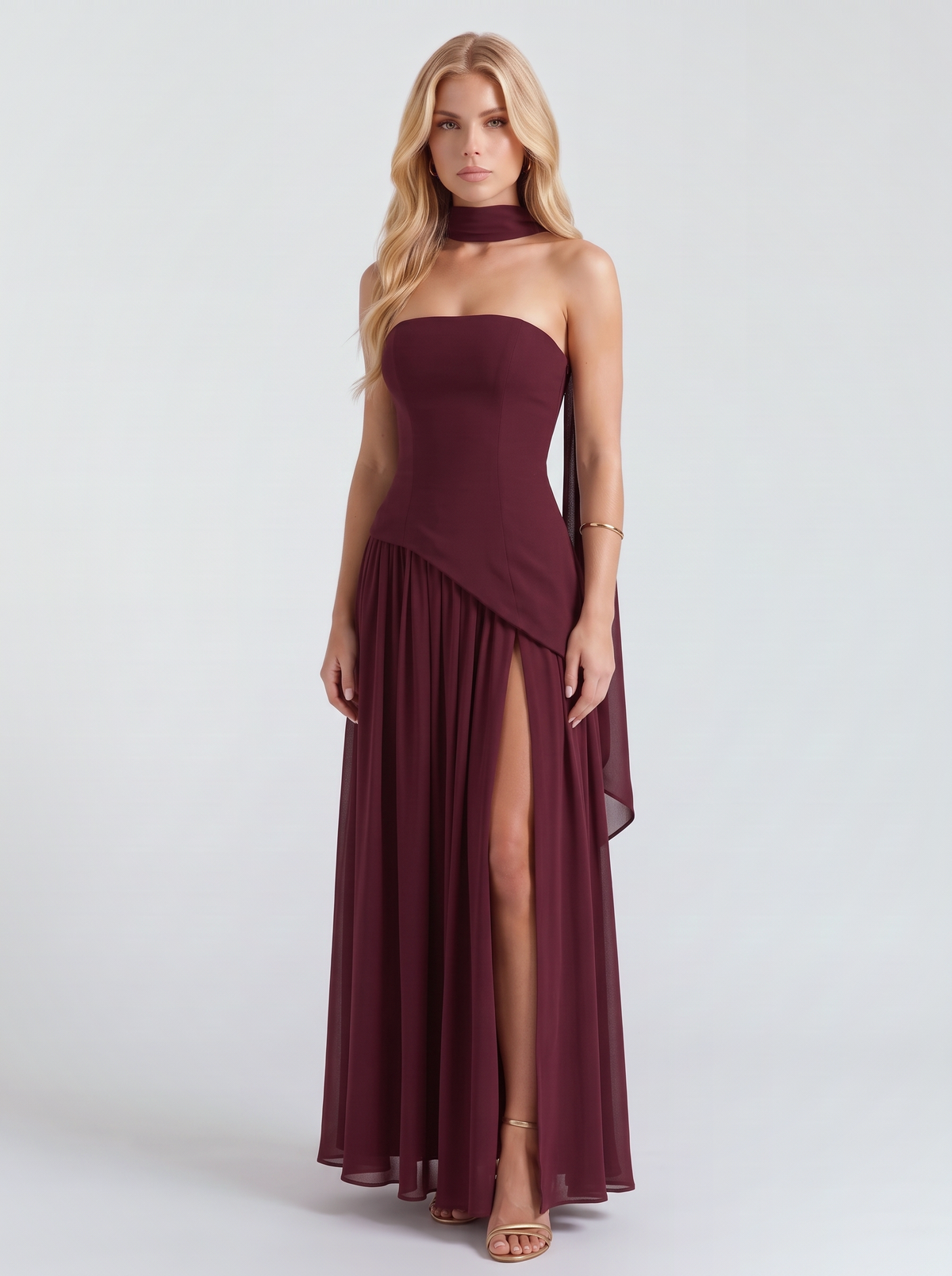 Xenia | Strapless Asymmetric Slit Maxi Dress
