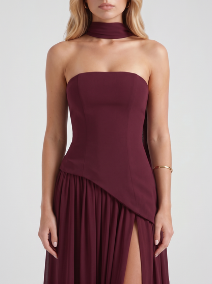 Xenia | Strapless Asymmetric Slit Maxi Dress