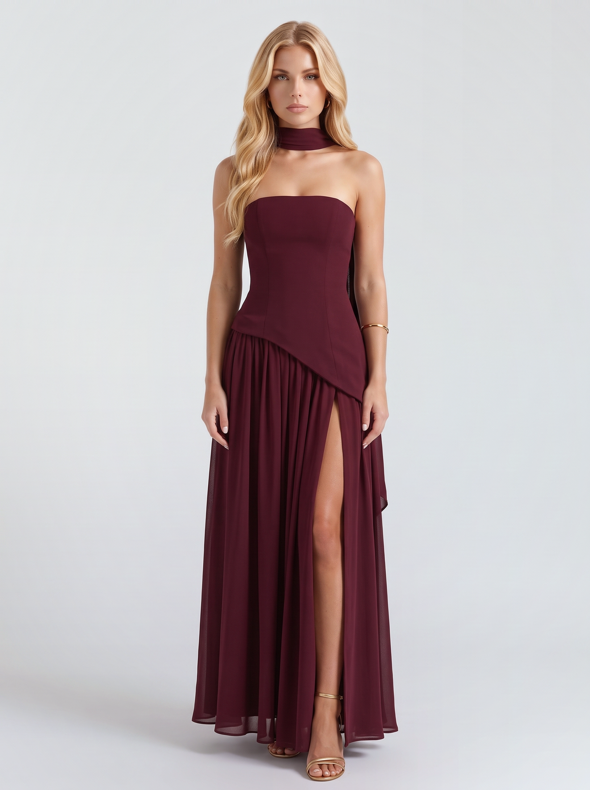 Xenia | Strapless Asymmetric Slit Maxi Dress