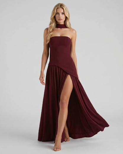 Xenia | Strapless Asymmetric Slit Maxi Dress