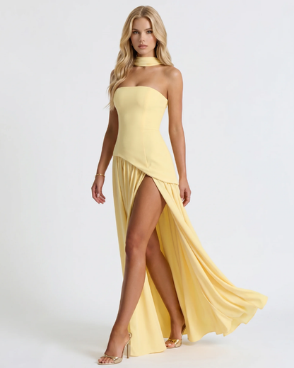 Xenia | Strapless Asymmetric Slit Maxi Dress