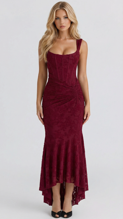 Gaia | Corset Ruched High Low Midi Dress