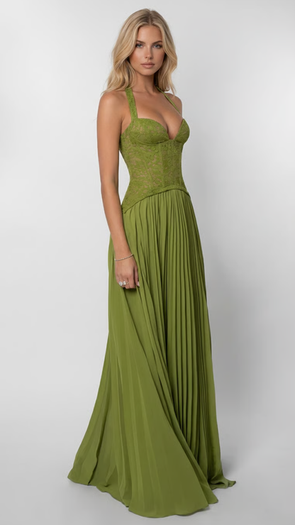 Flavia | Lace Corset Pleated Maxi Dress