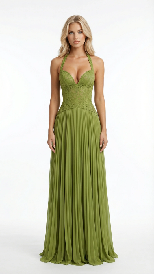 Flavia | Lace Corset Pleated Maxi Dress