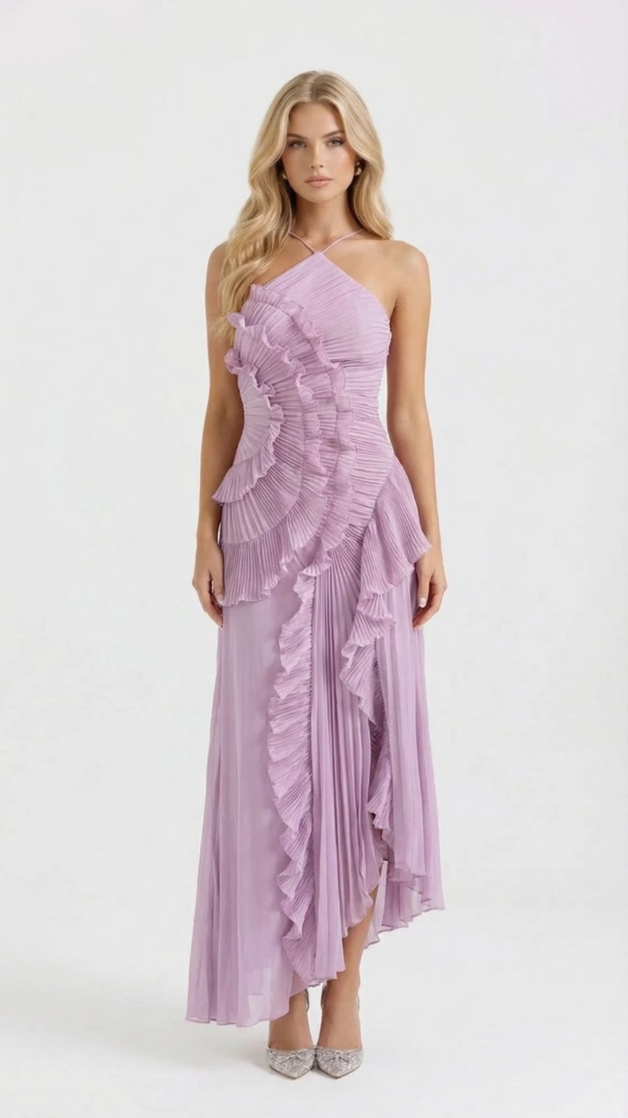 Heloise | Halter Ruffle Pleated Maxi Dress