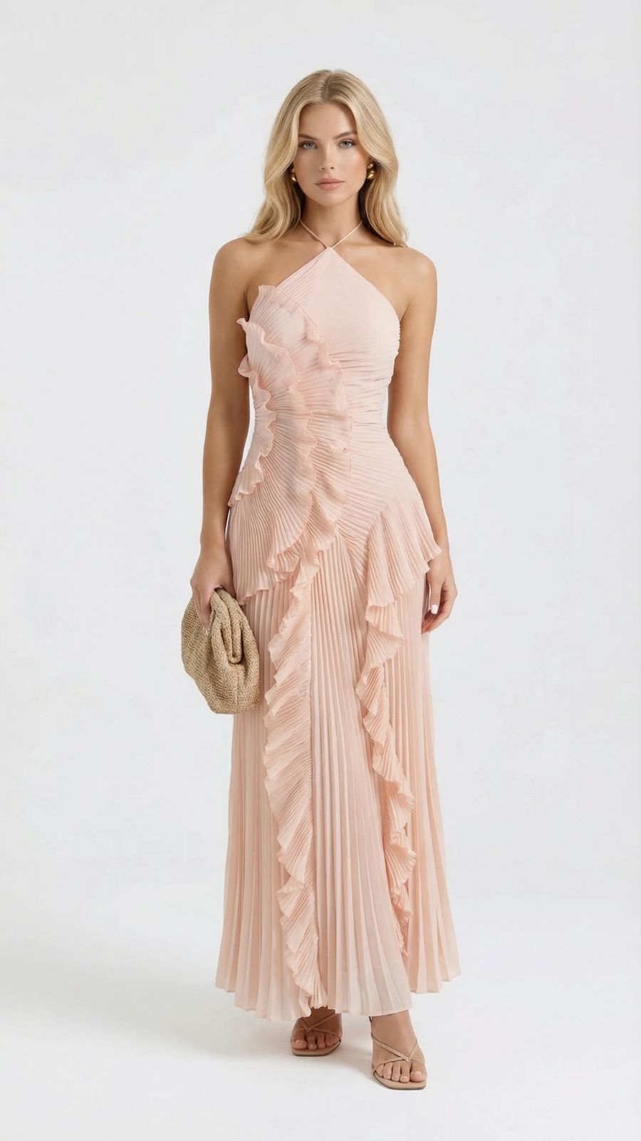 Heloise | Halter Ruffle Pleated Maxi Dress