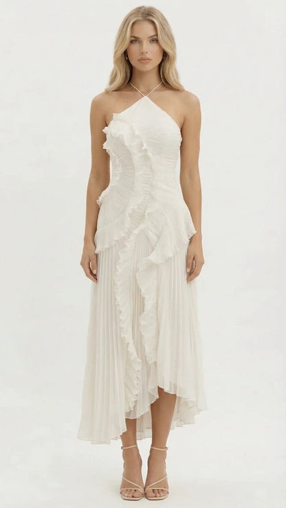 Heloise | Halter Ruffle Pleated Maxi Dress