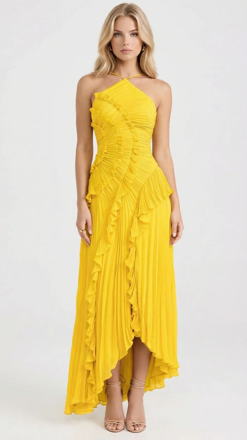 Heloise | Halter Ruffle Pleated Maxi Dress