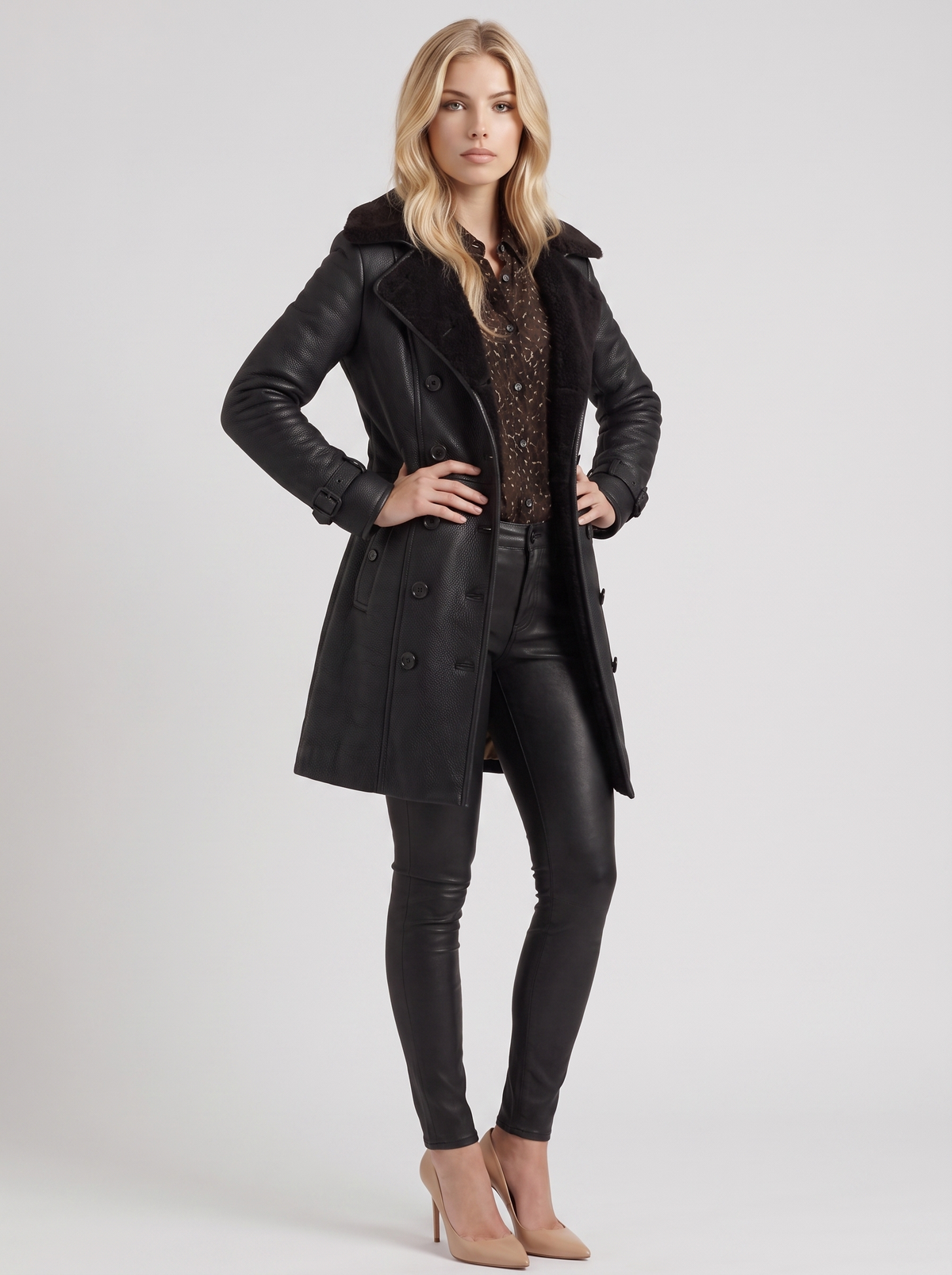 Nellie | Faux Leather Shearling Collar Coat
