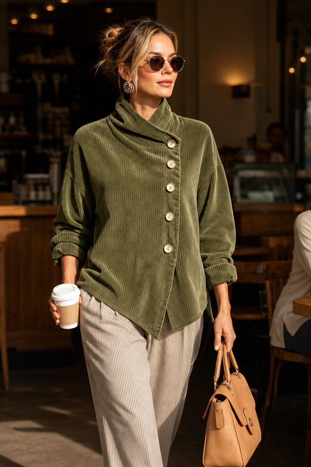 Maren | Funnel Neck Asymmetric Button Corduroy Top