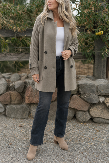 Celestine | Cable-Knit Sleeve Double-Breasted Longline Coat