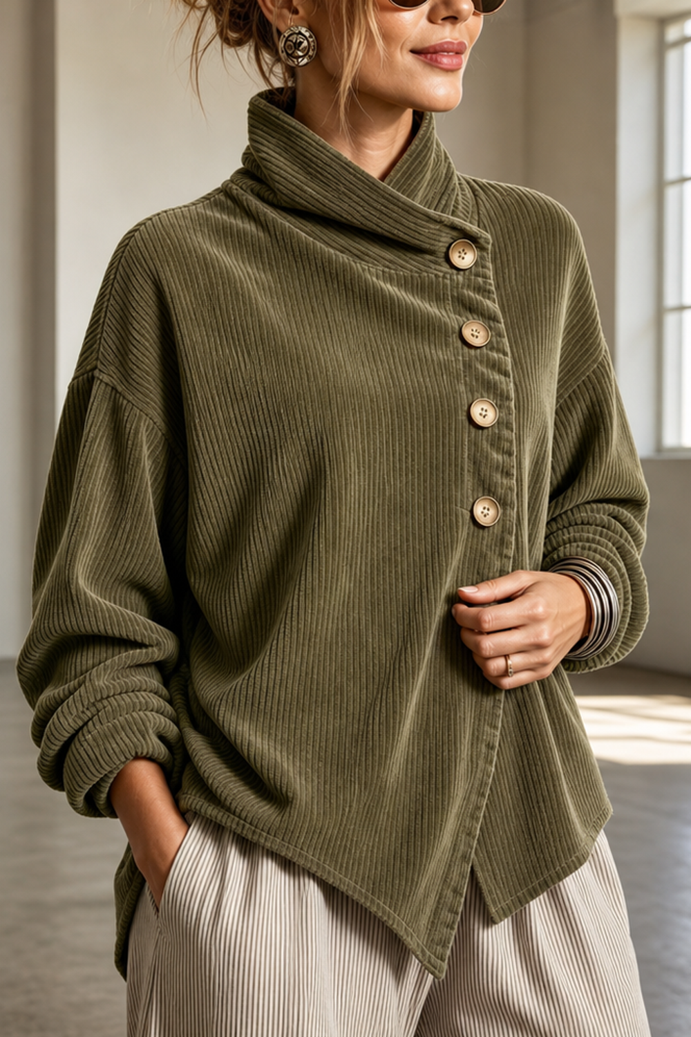 Maren | Funnel Neck Asymmetric Button Corduroy Top