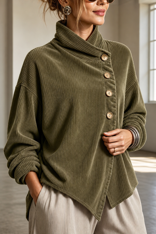 Maren | Funnel Neck Asymmetric Button Corduroy Top