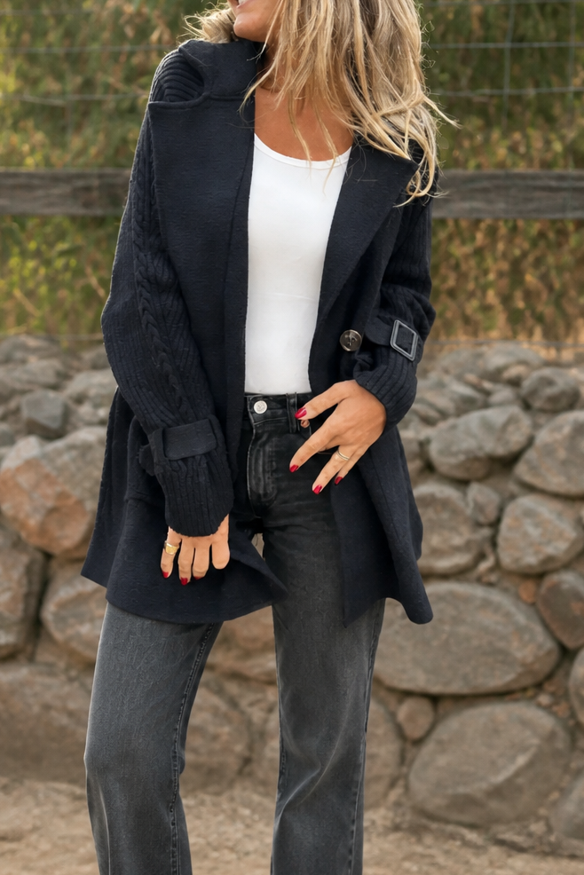 Celestine | Cable-Knit Sleeve Double-Breasted Longline Coat