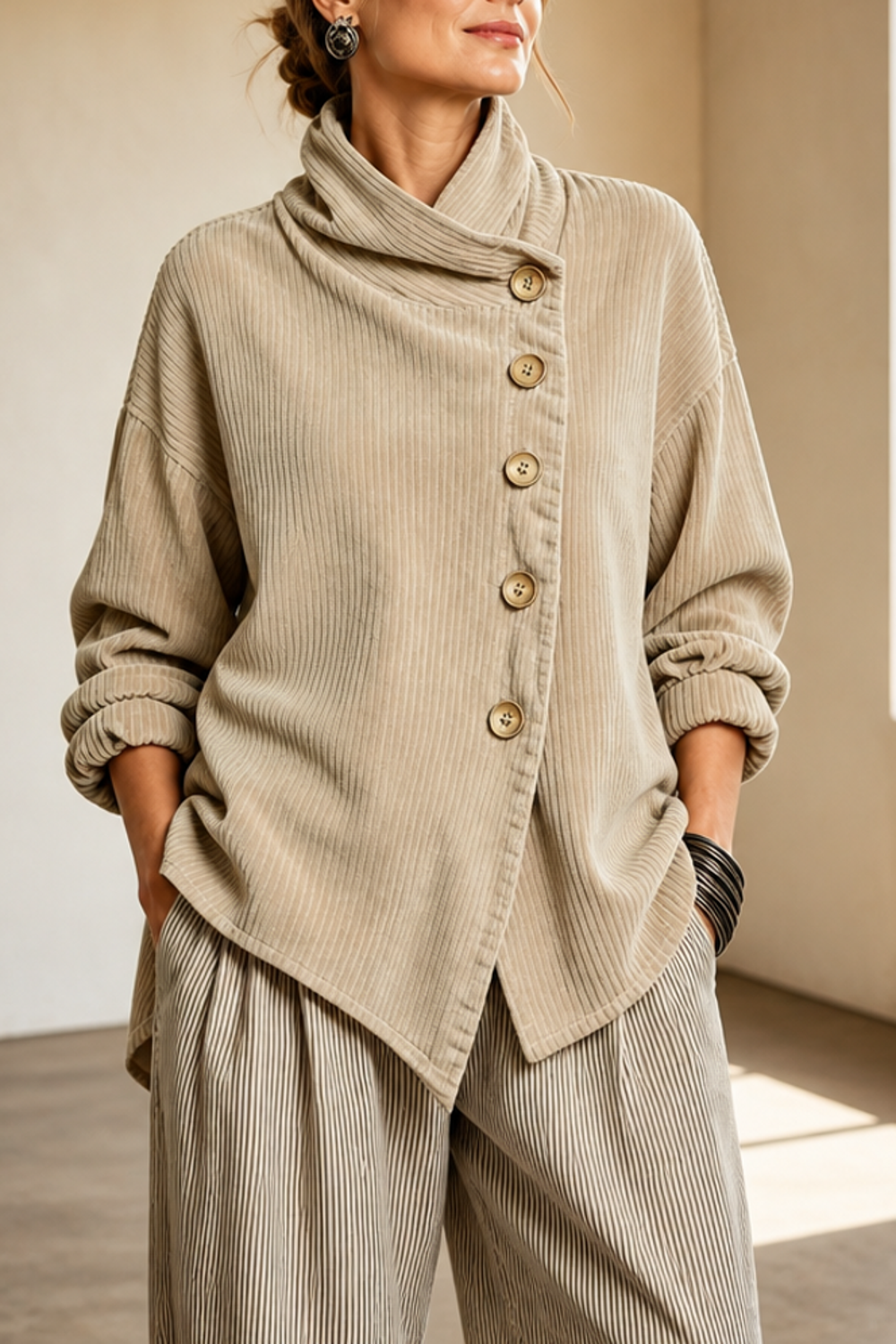 Maren | Funnel Neck Asymmetric Button Corduroy Top