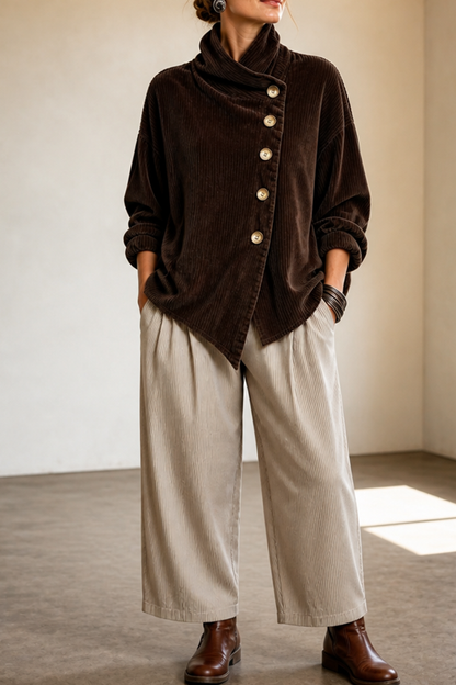 Maren | Funnel Neck Asymmetric Button Corduroy Top